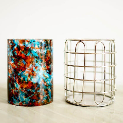 Set of 2 Stainless Steel (Silver Color) & Blue/Orange Glass Silverware Holders