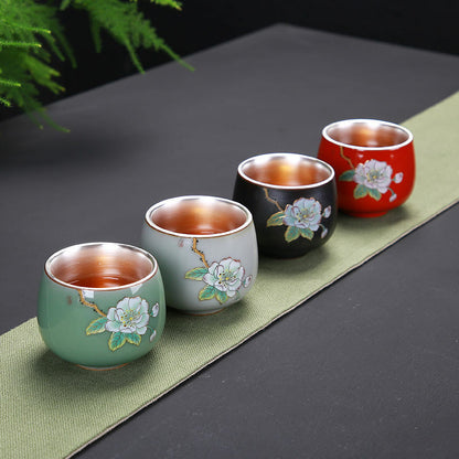 70ml Porcelain Glaze Silver Tea Cup Floral Painted Glaze Under Cups Tea Set