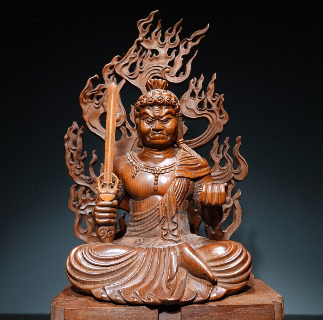 14" Collect Chinese Box-wood Carving Fudo Myo-o Acalanatha Statue
