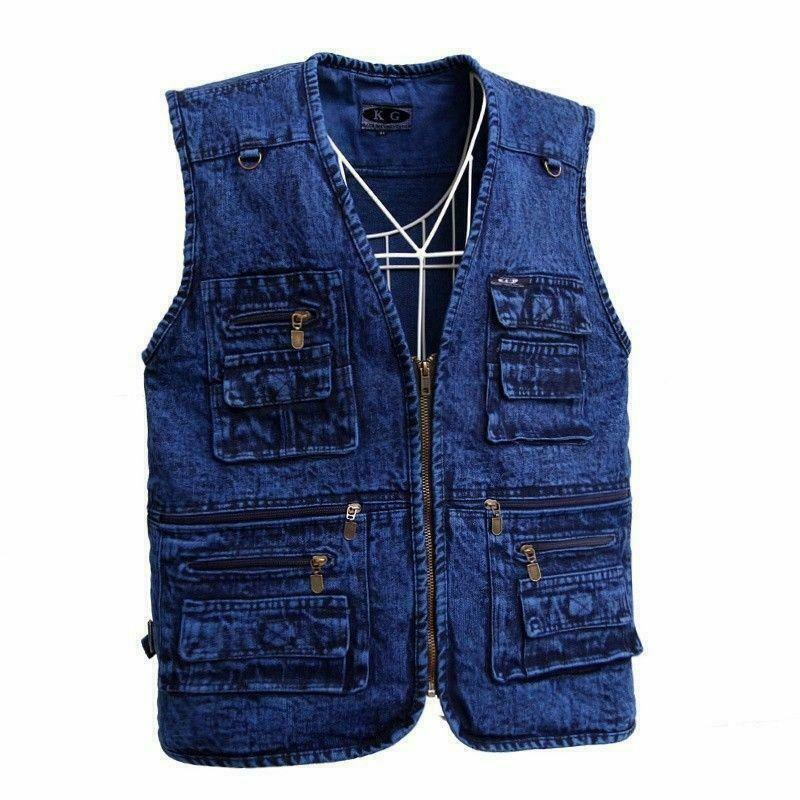 New Men Sleeveless Multipockets Denim Waistcoat Fishing Vest Gilet Tops V Neck @
