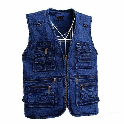 New Men Sleeveless Multipockets Denim Waistcoat Fishing Vest Gilet Tops V Neck @
