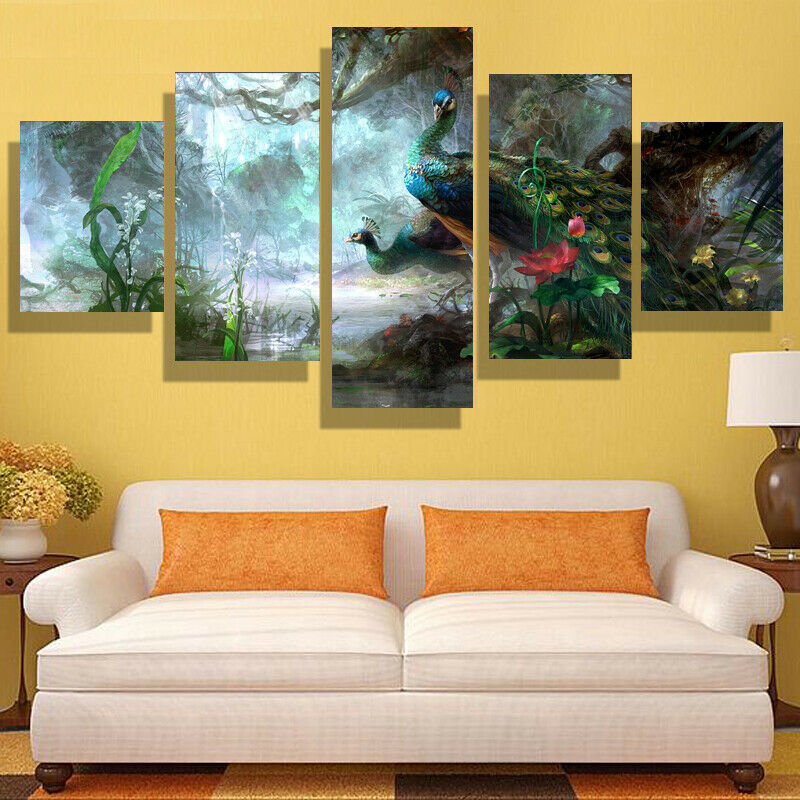 5 Pieces Canvas Wall Art Poster and Print Living Room Peacock No Framed