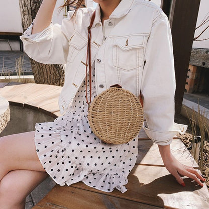 Women Summer Rattan Bag Round Straw Handmade Beach Bag Bohemia Handbag 1PC Green