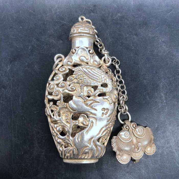 Vintage Chinese Silver Plated Copper Crane Openwork Incense Sachet Pendant