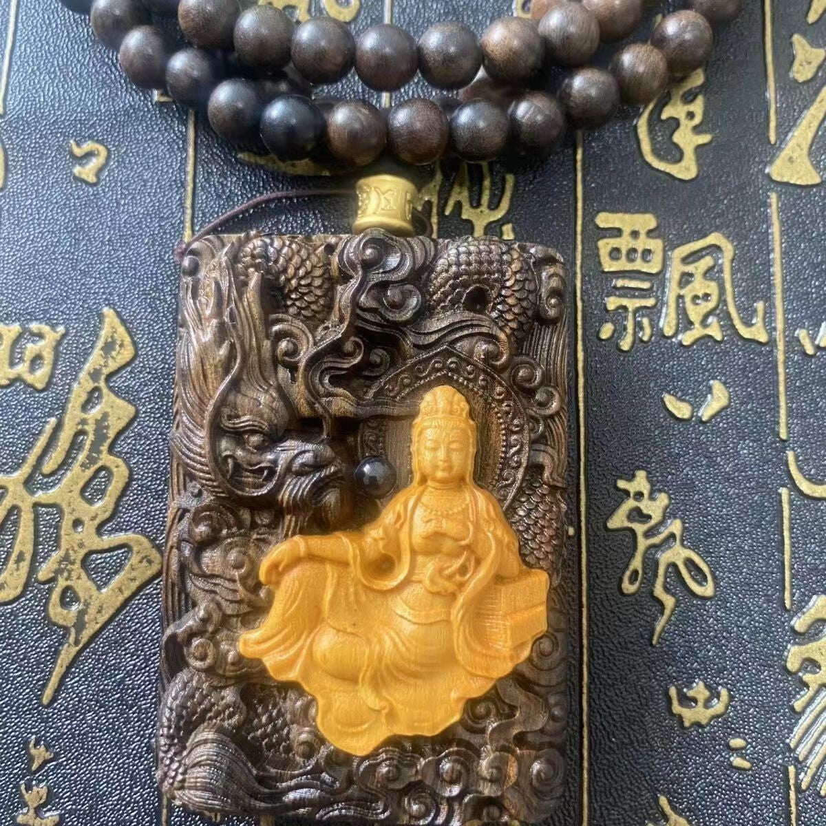 8mm*108 Natural Agarwood Prayer Beads Necklace Kwan-yin Buddha Statue Pandent