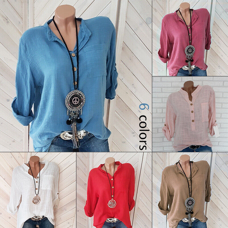 Womens Tunic Cotton Linen Pullover Blouse Tops Ladies Baggy Long Sleeve T-Shirt