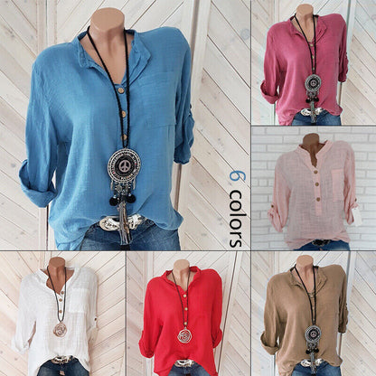 Womens Tunic Cotton Linen Pullover Blouse Tops Ladies Baggy Long Sleeve T-Shirt