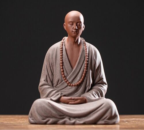 5.1" Chinese Zi Sha Sand Monk Statue Buddha Buddhism Zen Praying Figure Decor