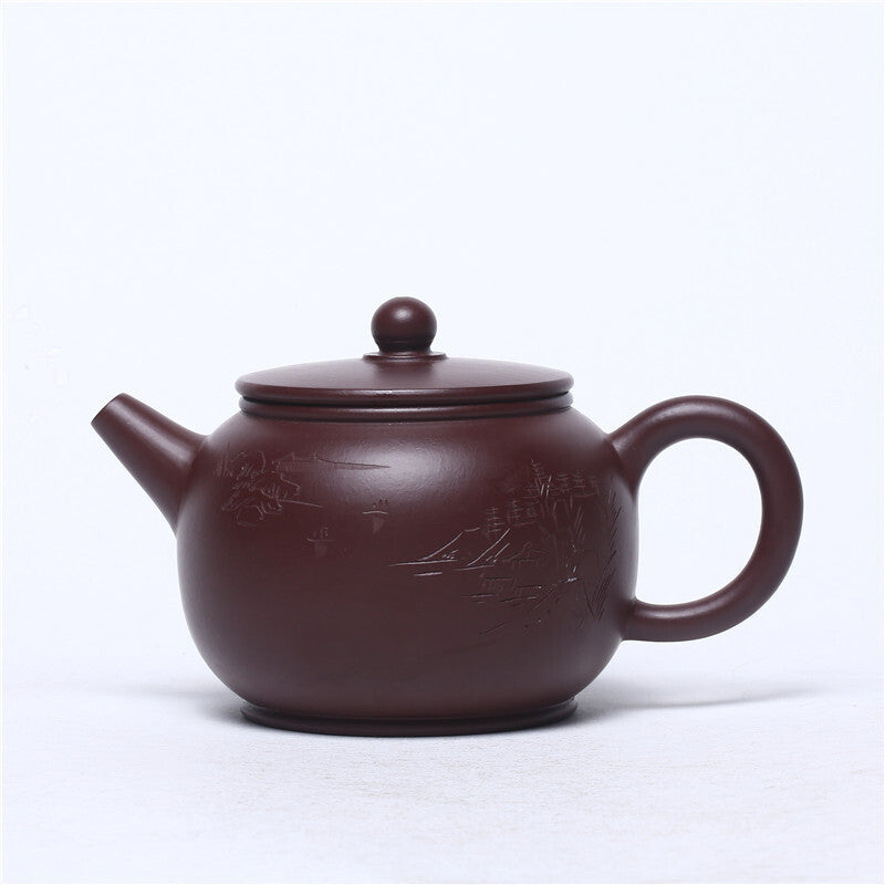 Handmade Tea Pot Marked Bamboo Carved Chinese Yixing Zisha Pot Purple Clay China