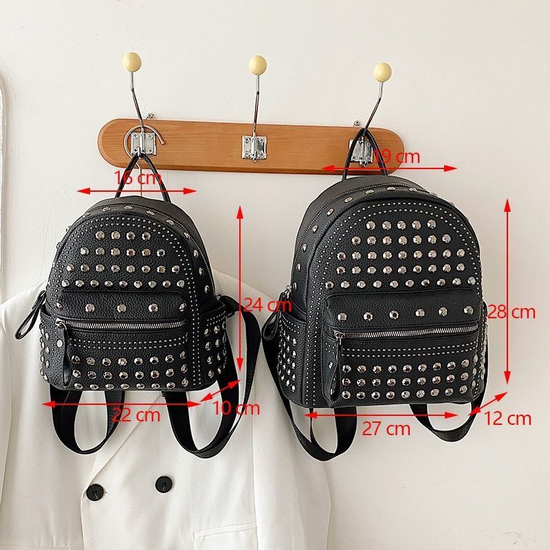 Punk Style Rivet Black Leather Backpack Zip Small/ Big Bag Women Purse Traveling