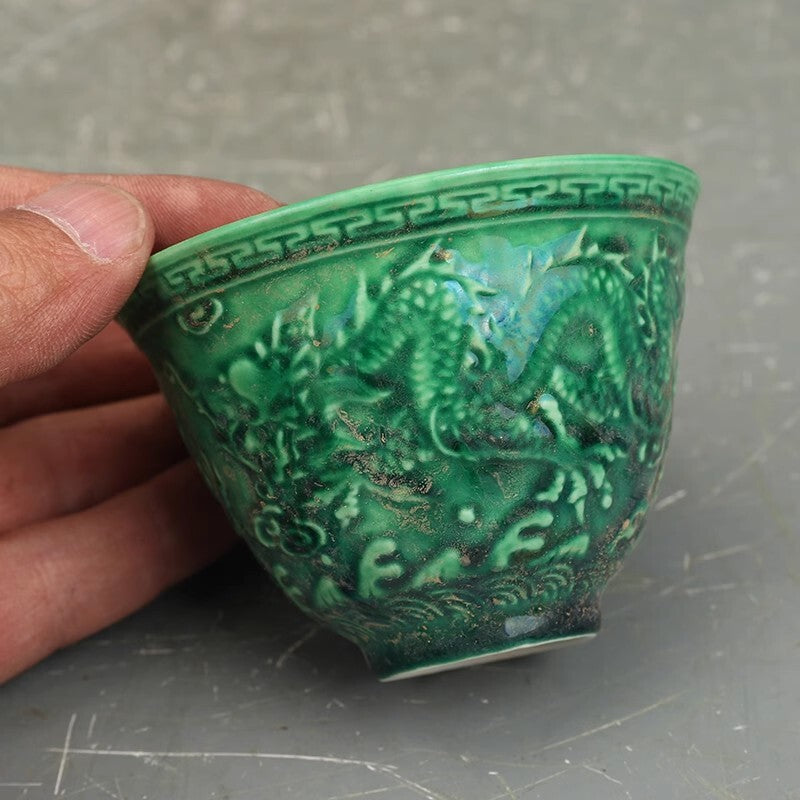 Chinese Ming Chenghua Green Glaze Porcelain Carved Dragon Design Teacup Cup 2.8"