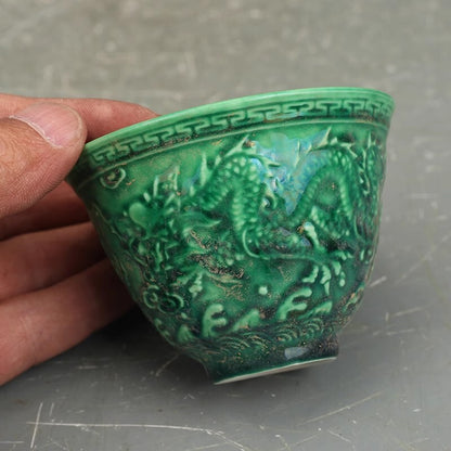 Chinese Ming Chenghua Green Glaze Porcelain Carved Dragon Design Teacup Cup 2.8"