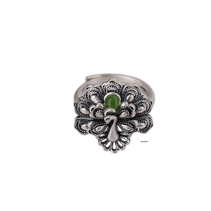Natural Solid 925 Sterling Silver Jade Jasper Peacock Phoenix Women Lucky Ring