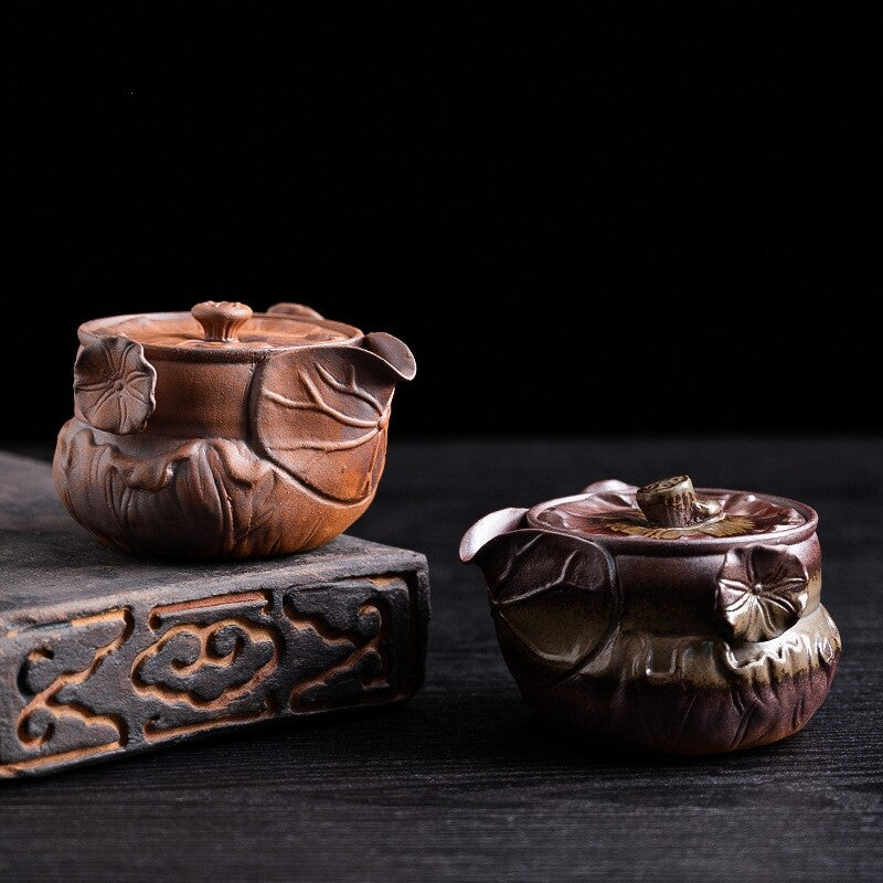 Crude Pottery Tea Pot Lotus Carved Relief Ceramic Pot With Infuser 200ml China