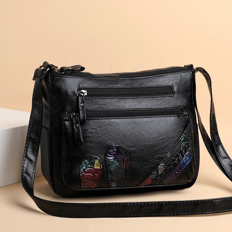 Soft Leather Messenger Shoulder Handbag Purse Flowers Multi-pocket Crossbody 1PC