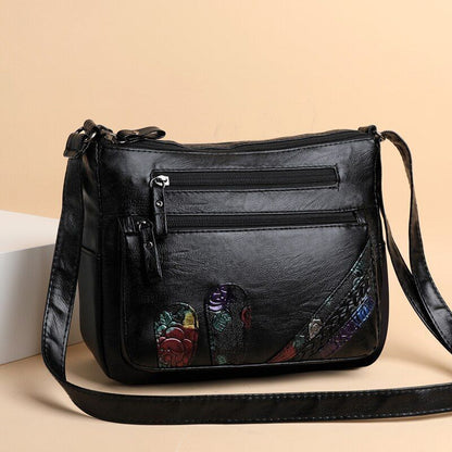 Soft Leather Messenger Shoulder Handbag Purse Flowers Multi-pocket Crossbody 1PC