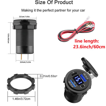 12V-24V PD+QC3.0 Dual USB Car Fast Charger Power Socket Outlet LED Voltmeter lot