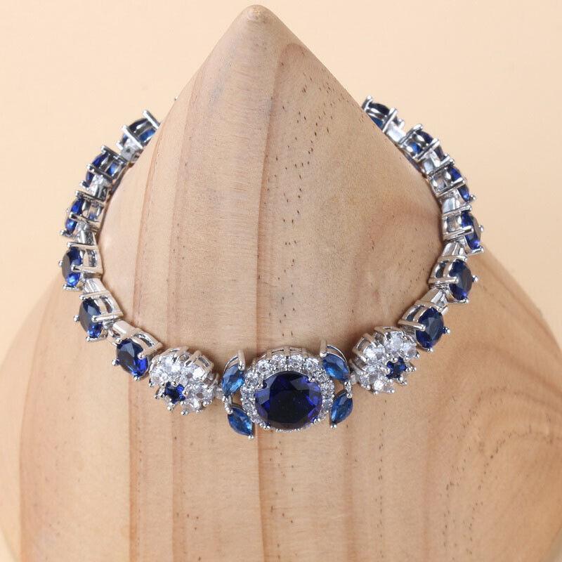 Blue Sapphire White Topaz 925 Sterling Silver Tennis Gemstone Bracelet Jewelry
