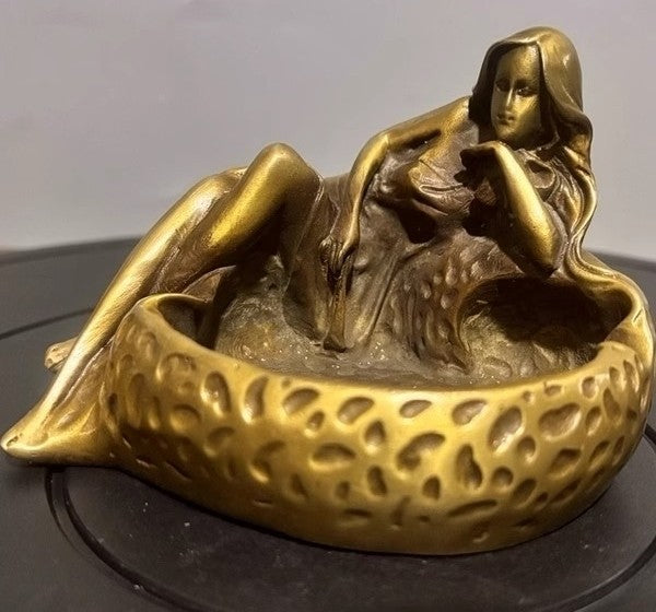 Brass Long Skirt Lady Statue Beauty Girl Ashtray Artwork Sculpture Home Decor