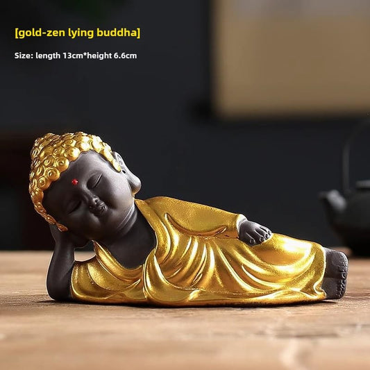 Golden Buddha Statue Purple Sands Tea Pet 13cm Handmade Home Decor Ornament