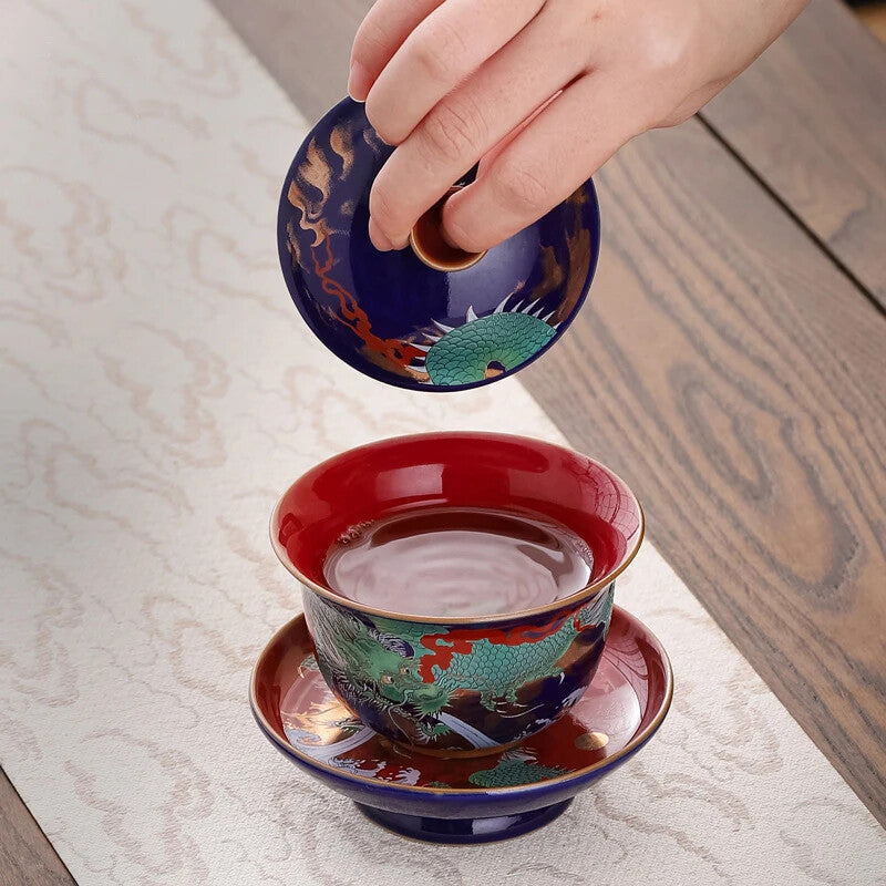 Ceramic Sancai Gaiwan Single Tea Bowl Blue Glaze Large Size with Lid Household
