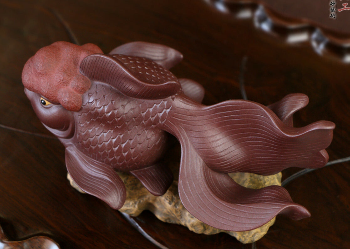 Chinese Yixing Handmade Zisha Purple Clay Goldfish Tea pet Fortune Shines Down