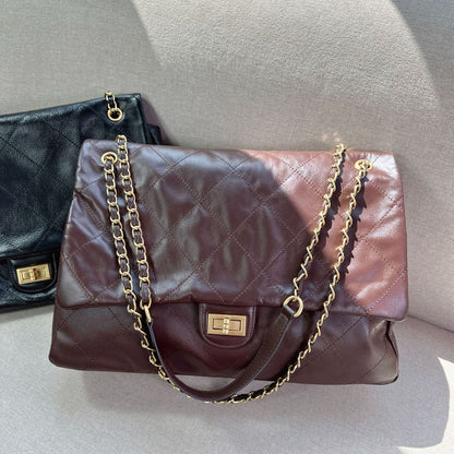 33/39cm Large Quilted Real Leather Flap Purse Shoulder Bag Chain Handbag Fashion