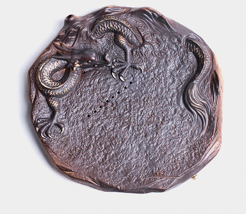 Ceramic Chinese Dragon Tea Tray Round Water Storage Drip Drainage Serving Tray