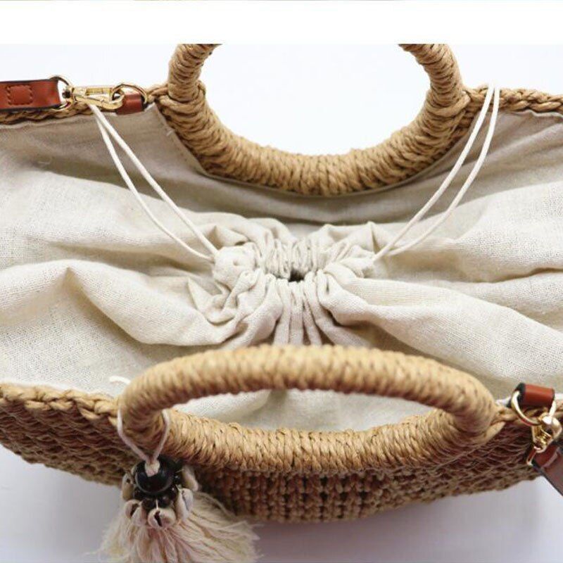 Straw Bag Spring/Summer Casual Round Handle Thick Woven Shopping Bag 36*23*11 CM
