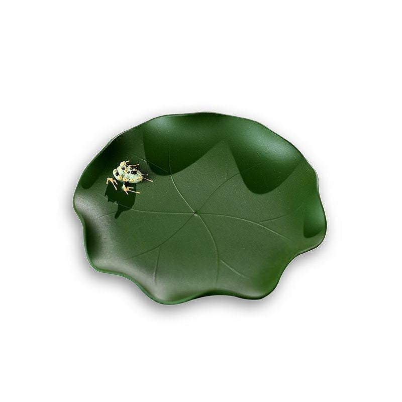 9.5cm Yixing Purple Clay Handcarved Frog Lotus Leaf Coaster Tea Pet Decoration