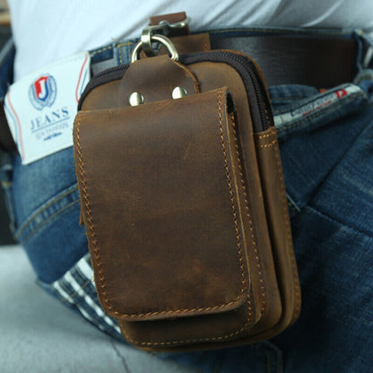 Crazy Horse Leather Men's Design Small Waist Bag Fashion Hook Fanny Belt Pack