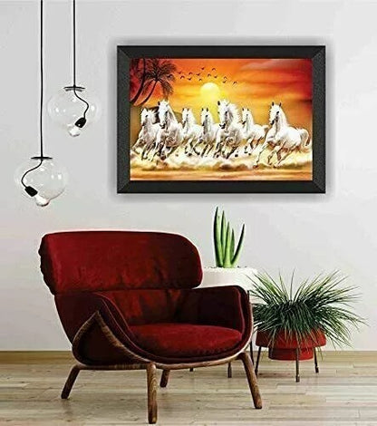 Seven Lucky Running Vastu Horses Art Framed Painting 14*20 inches