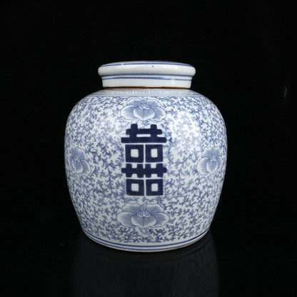 Chinese Old Ancient Blue and White Porcelain Hand-painted Double Happiness Jar