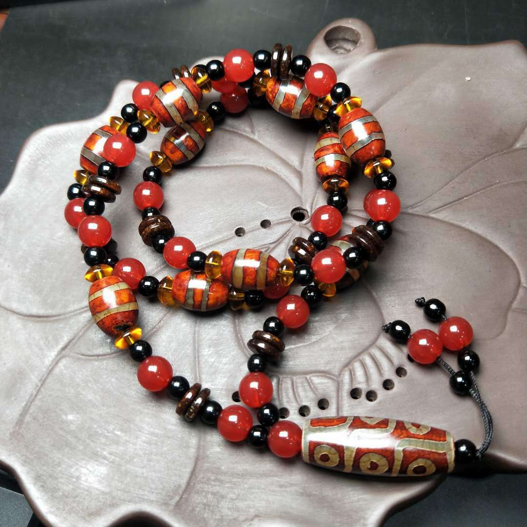 Tibetan Ethnic Style Retro Agate Double Line Dzi Bead Necklace Jewelry