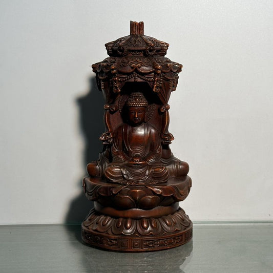 Vintage Chinese Wooden Carving Boxwood Three Sides Buddha Statue Wood Home Decor
