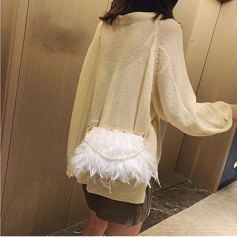 Elegant Purse Feather Handbag Clutch White Pearl Chain Shoulder Bag 20*15*18 CM