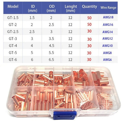 250Pcs/Set 7 Size Wire Ferrules Kit Red Copper Crimp Connector Butt Splice