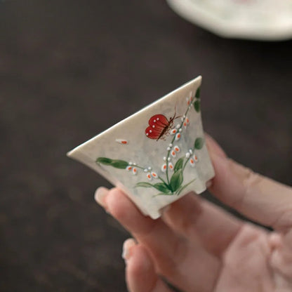 Hand Drawn Orchid Butterfly Octagonal Teacup Tea Bowl Meditation Cup Saucer Kit