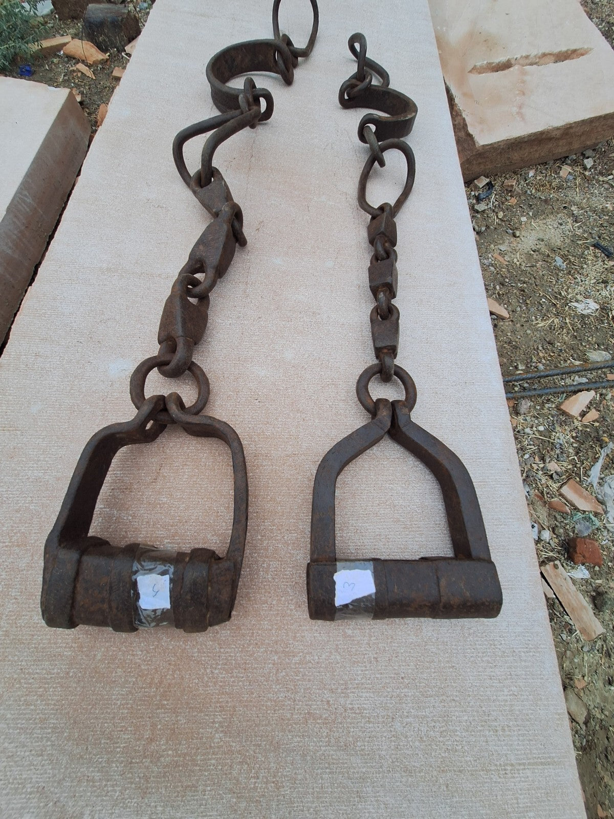 OLD VINTAGE HAND FORGED HORSE LEG IRON CHAIN ANIMALS SHACKLES - SET OF 2