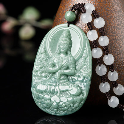Jade Baolian Guanyin Buddha Statue Pendant Hand-Carved Necklace for Women Men