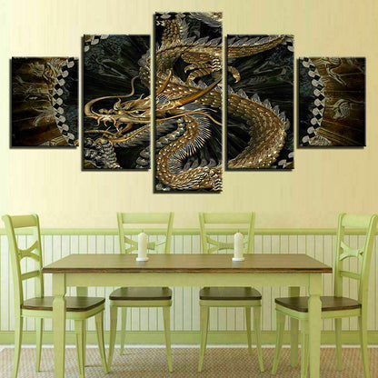 Sacred Gold Chinese Dragon 5 Piece canvas Wall Art Print Poster Home Decor