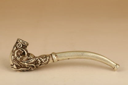 Rare Tibet Silver Copper Smoking Tool Statue Old Sacred Opening Dragon Head Pipe
