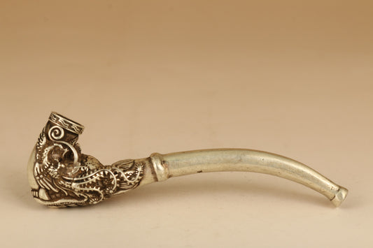 Rare Tibet Silver Copper Smoking Tool Statue Old Sacred Opening Dragon Head Pipe