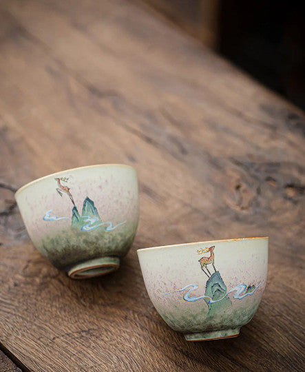 Ceramic Teacup deer Set of 2 Cups Chinese Kung Fu Tea Cup for Tea