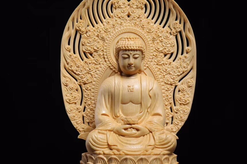 Chinese Juniper Wood Sakyamuni Buddhism Ru-laistatue桧木.座莲阿弥陀佛