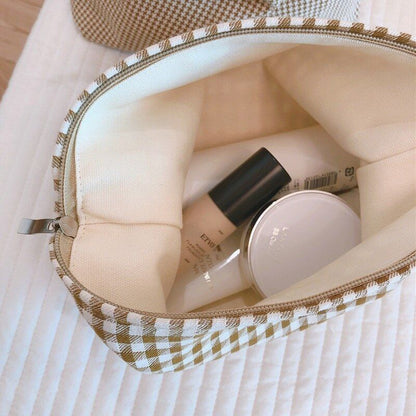 Makeup Cosmetic Bag Women Cotton Plaid Organizer Kit Beauty Brushes Storage Case