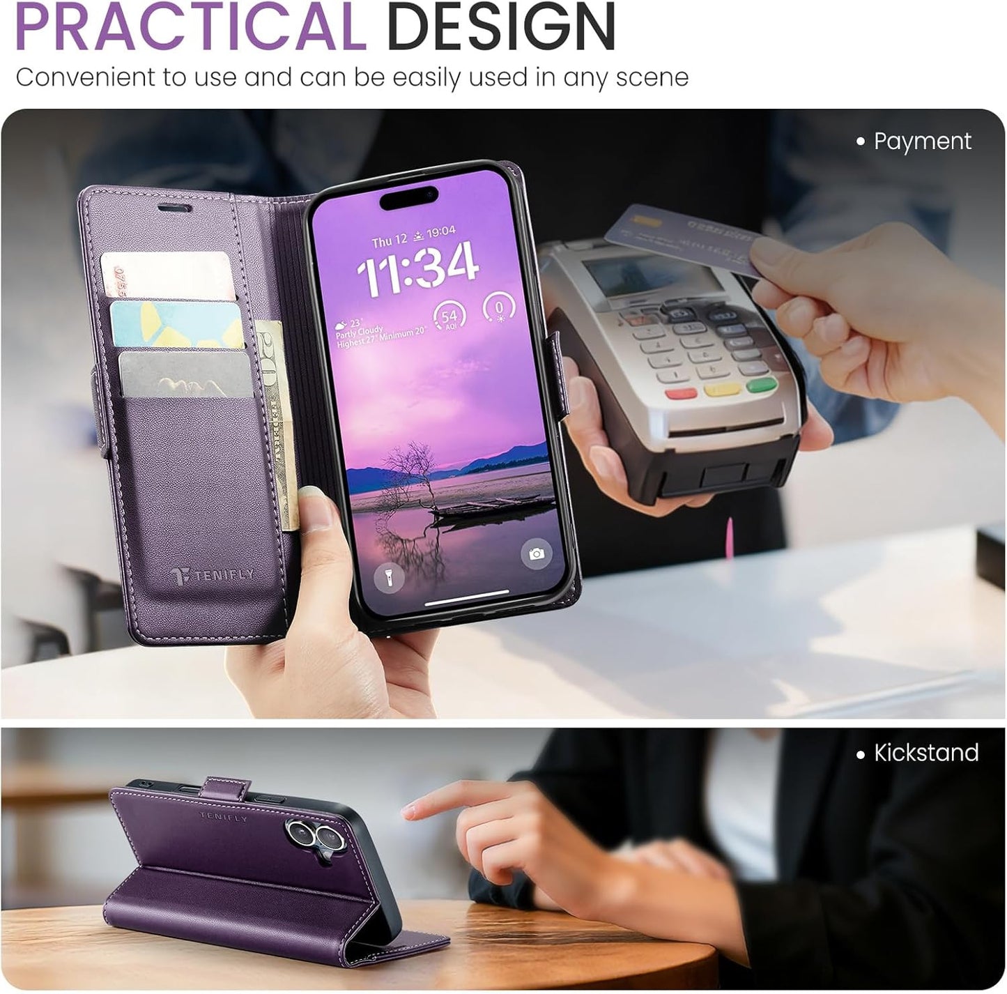 For Iphone 17 Case Wallet with RFID Blocking Card Holder, PU Leather Kickstand P