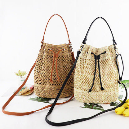 Lady Hand Woven Straw Bag Bucket Bag Beach Bag Shoulder Bag Crossbody Drawstring
