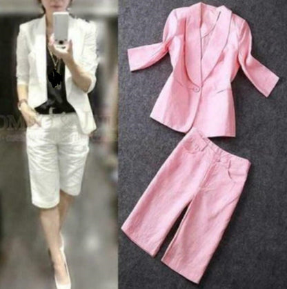 2PCS Womans Dress Work Blazers Jacket Cotton Linen Short Pants S-2XL Suit Summer