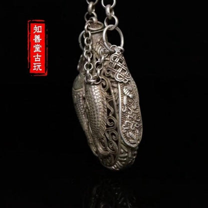 Vintage Chinese Silver Plated Copper Double Fish Openwork Incense Sachet Pendant